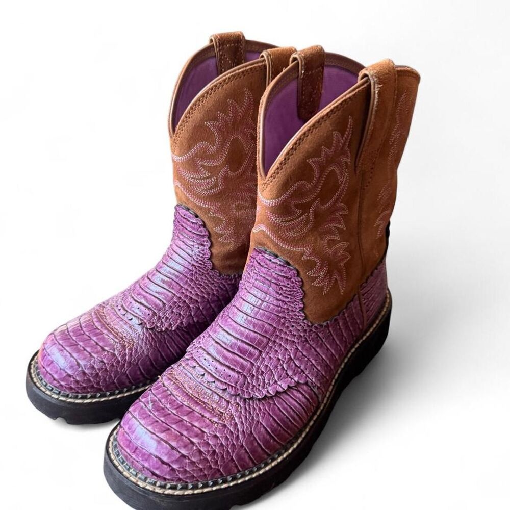 Ariat Fatbaby Western Boots Women’s 10 Purple Croc Print Brown Suede 10014042